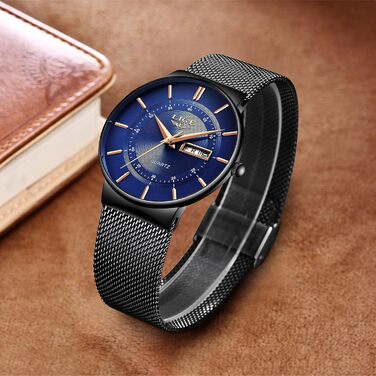 Годинник чоловічий LIGE з датою, водонепроникний, з нержавіючої сталі, вінтажний стиль, кварцовий механізм, чорний колір, з ремінком з нержавіючої сталі, класичний дизайн, для бізнесу, подарунок для чоловіків, блакитний/чорний колір