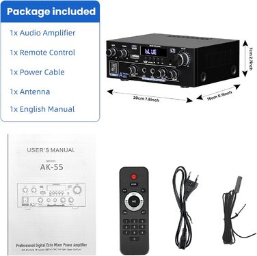 AK55 HiFi стерео підсилювач 2-канальний, 1000 Вт Bluetooth 5.3, 50+50 Вт, для 8-дюймових домашніх колонок, бас/требл, AUX, FM, мікрофон, USB