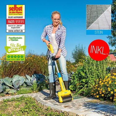 Електрощітка Gloria MultiBrush Speedcontrol — багатофункціональний інструмент для видалення бур'янів, очищення каменю, дерева, швів, підрізки країв газону, аерації та вертикутування, комплект з 2 насадками