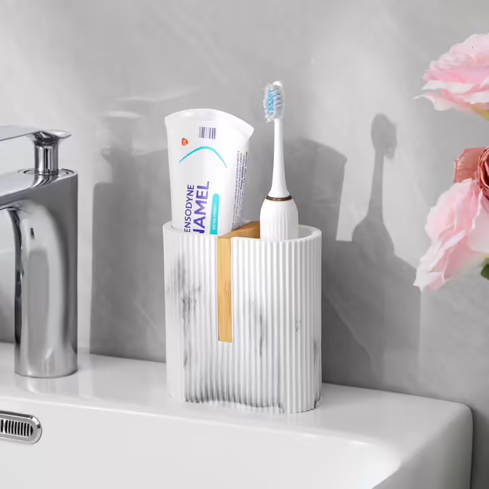 Rejomiik Toothbrush Holder, Electric Toothbrush Holder for Bathroom, Bamboo Toothbrush and Toothpaste Storage Organizer for Sink, Countertop, Marble White
