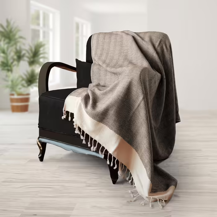 Smyrna Turkish 100% Cotton Herringbone Throw Blanket | Best Quality | Large 127x152cm Cozy Blanket | Made in Turkey | Machine Washable | Premium Luxury Bath Towel & Picnic Blanket - (152 x 205 cm, Beige)