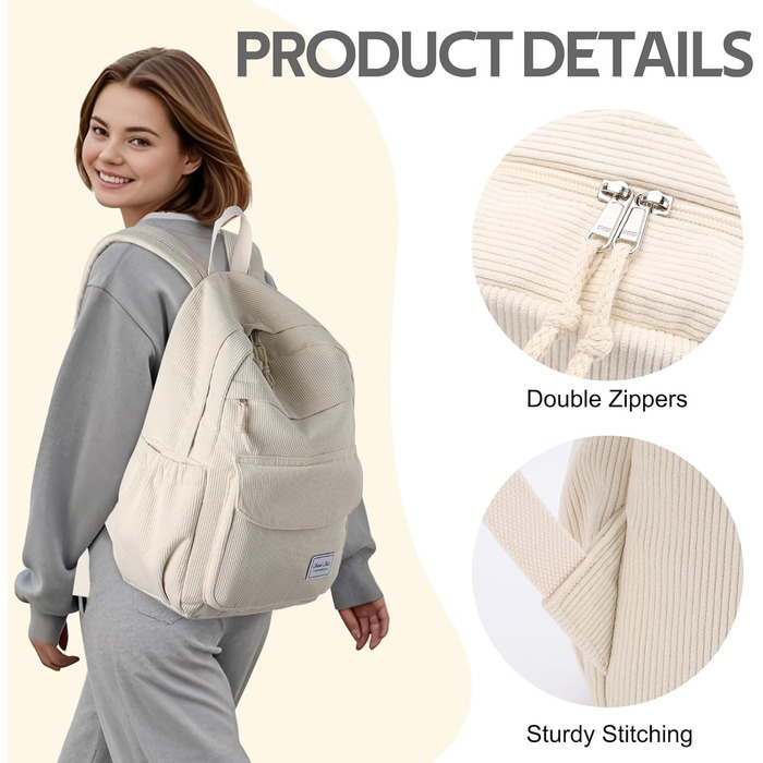 Рюкзак шкільний для дівчинки Chase Chic, бежевий, Corduroy, для підлітків та школярів