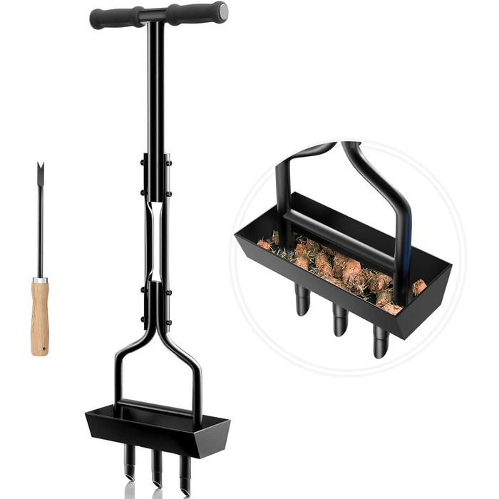 SUNEOWALY Lawn Aerator, Aerifier for Lawns, Hollow Spoon Lawn Aerator with Collection Basket, 3-Core Lawn Aerifier, Hollow Spoon Aerator, Hollow Tines for Compacted Soils and Lawns, Garden, Yard, Black