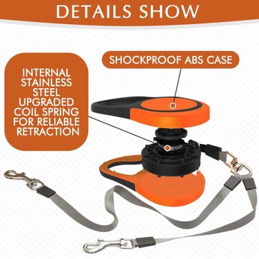 KOOLTAIL Подвійна висувна повідка для собак на двох, до 50 кг, міцна, 5 м, обертається на 360°, без спутанності, з кнопкою блокування, помаранчевий