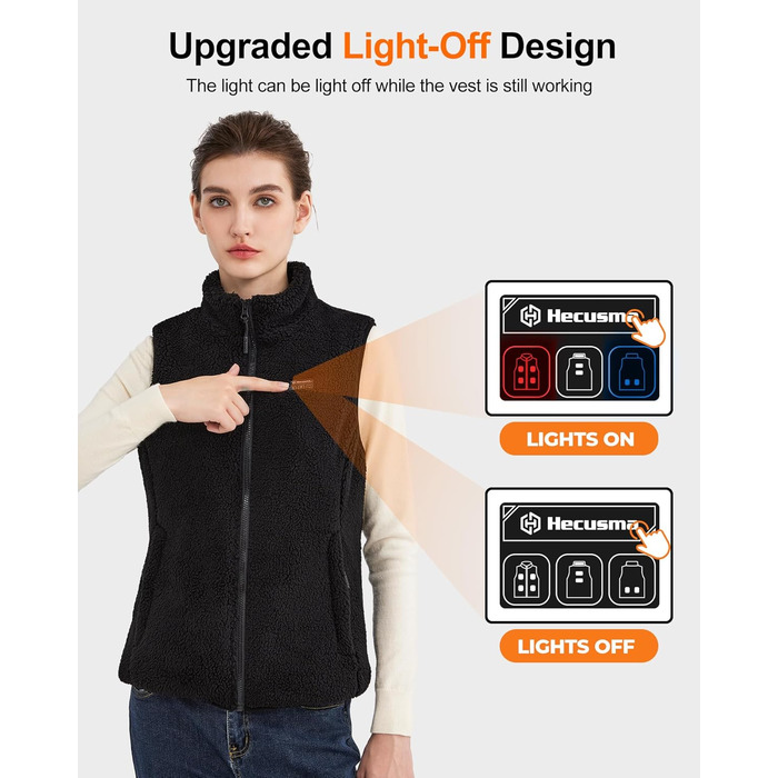 Тепла електрична жилетка для жінок з акумулятором 16000mAh, Sherpa, флісова жилетка для активного відпочинку та катання на лижах, чорна
