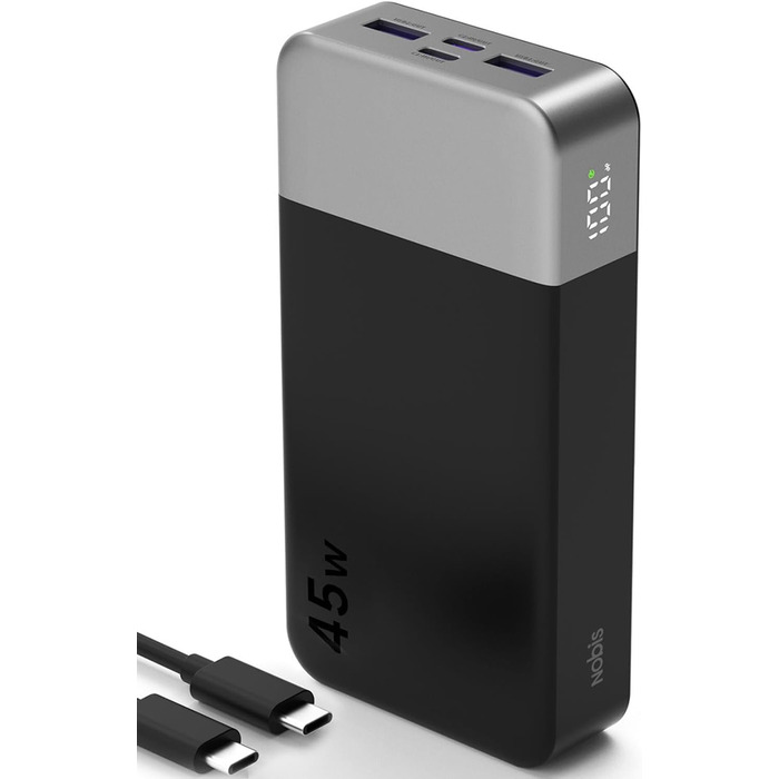 Power Bank NOBIS 20000mAh 45W Чорний: швидка зарядка USB-C/USB-A, цифровий дисплей, режим для малопотужних пристроїв