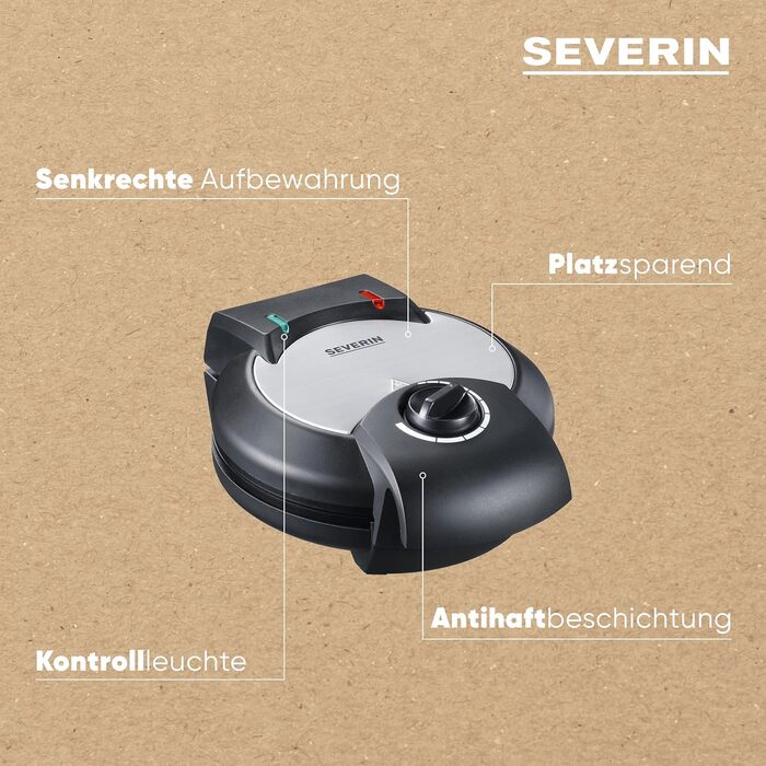 Severin Black Line Heart Waffle Maker - PFAS-Free Coating, Indicator Light, Cord Storage, 1000W