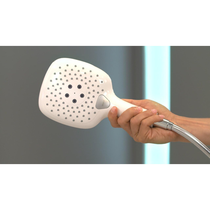 hansgrohe Raindance Select E - Showerhead, Hand Shower with square shower panel (150 x 150 mm), showerhead with anti-limescale function, 26550000 (3 spray patterns with water-saving function, white/chrome)