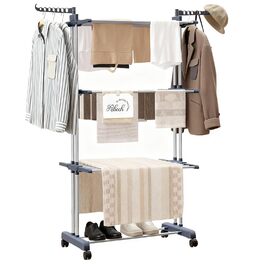 Сушарка для білизни Tower на коліщатках: 4-ярусна, з нержавіючої сталі, з 6 відкидними крилами та 2 боковими сторонами для обертання | 76x50x172 см | Компактна, складна, для балкону, ванної кімнати та саду | (Сірий)