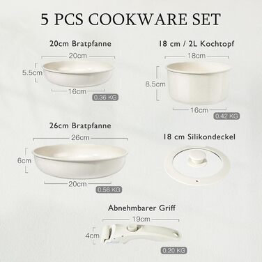 GiPP 5-Piece Ceramic Cookware Set with Removable Handle - Non-Stick, Oven-Safe, Induction Compatible, PTFE/PFOA-Free