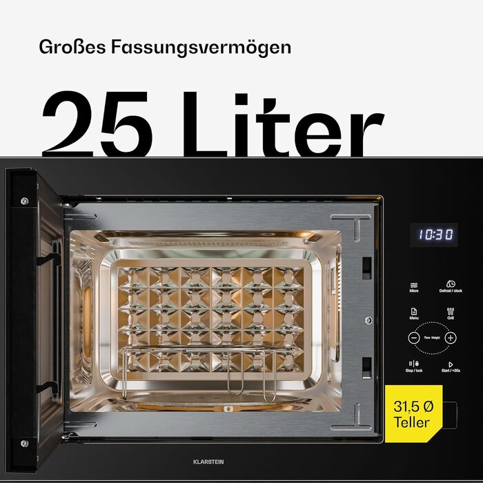 Вбудована мікрохвильова піч Klarstein Velaire 60 см з грилем – 25L, 850W, 8 програм, сенсорне керування, нержавіюча сталь, таймер, білий (чорний)