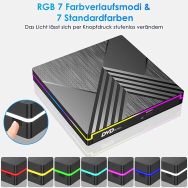 Зовнішній DVD-привід з RGB-підсвіткою, USB 3.0 та Type-C, CD/DVD+/-RW записувач та плеєр для PC, Laptop, MacBook (Windows, macOS, Linux)