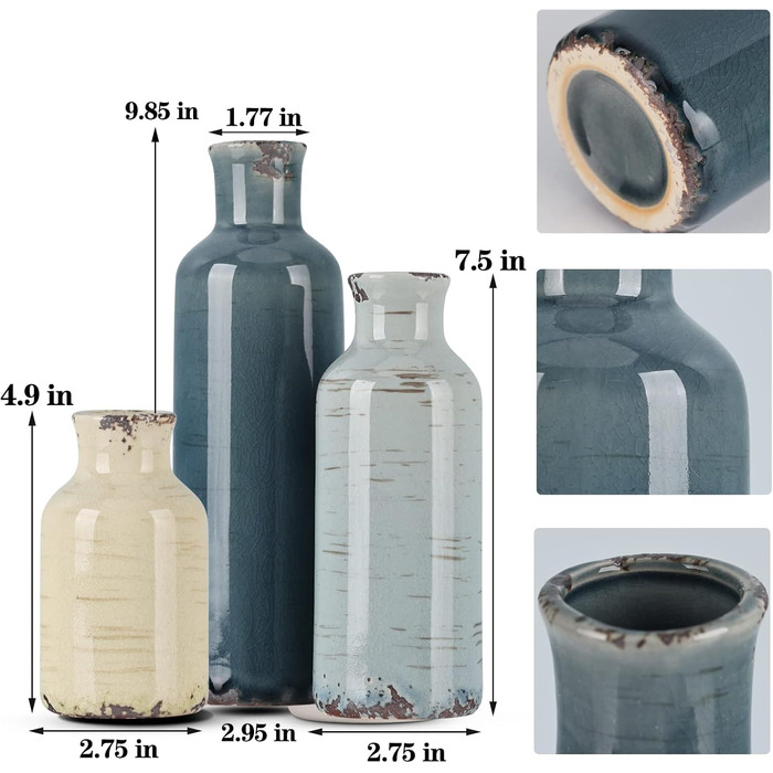 Набір керамічних ваз у 3 штуках, кольоровий, стиль кантрі, рустикальний, для декору полиці, столу, каміна, вітальні, кухні, прихожого. Кольори: сірий, блакитний, бежевий