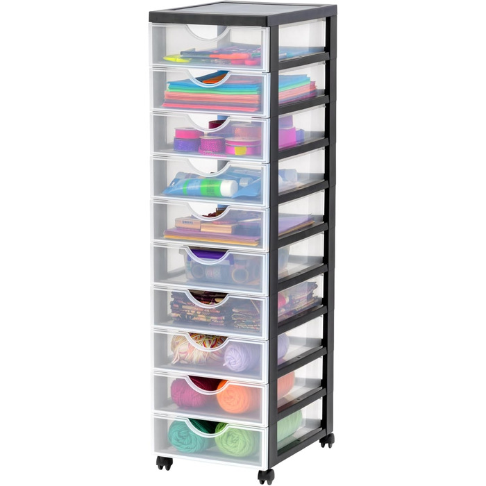 Iris Ohyama Plastic Drawer Box with Wheels, 10 Flat Drawers, Black, Pull Handles, For Bedroom, School & Office, BPA-Free, Drawer Cabinet, Rolling Container, A4 Drawer, DDDC-010