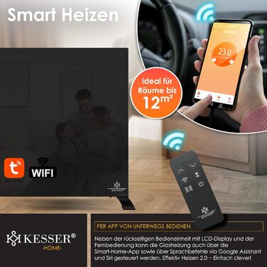 Інфрачервовий обігрівач KESSER® з функцією 2 в 1: підлоговий та настінний. Економний електрообігрівач з термостатом, датчиком відчинених вікон, пультом та керуванням через додаток (500W, чорний)
