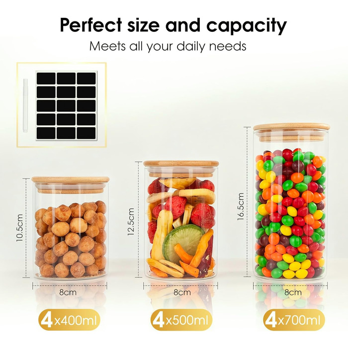 Набір скляних банок для зберігання з кришками (12 шт.) - 4x400мл, 7x500мл, 7x700мл. Скляні контейнери для кухні з дерев'яними кришками.