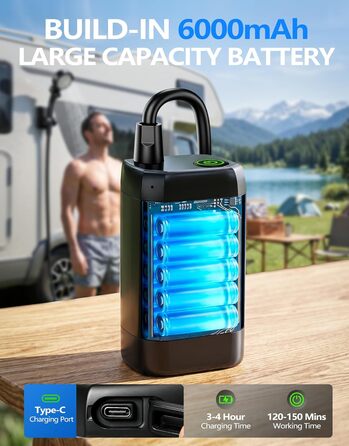 LuxBlue Переносний акумуляторний душ для кемпінгу з насосом 6000mAh: мобільний душ для душу на відкритому повітрі, кемпінгу, з LED-дисплеєм температури та рівня заряду