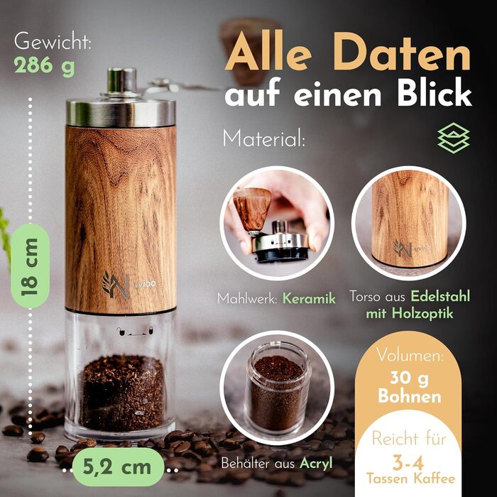 Ручна кавомолка Nuvioo з керамічним жорном, 8 ступенів помолу - для еспресо, кави, кемпінгу та відпочинку на природі