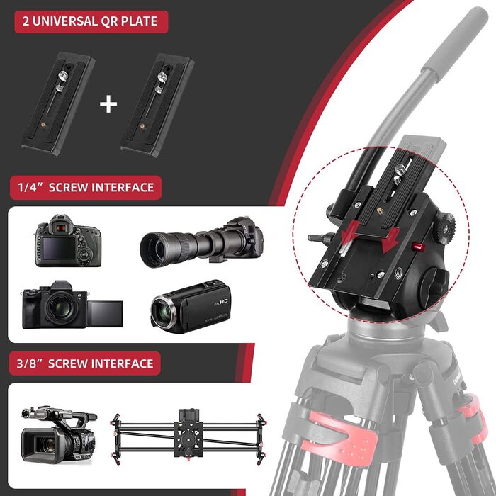 Штатив важкий 183 см, Lusweimi Професійний штатив для відеокамери з алюмінію, 2 швидкісні пластини, 360° Fluid-головка, середній розширювач, Макс. навантаження 7.7 кг