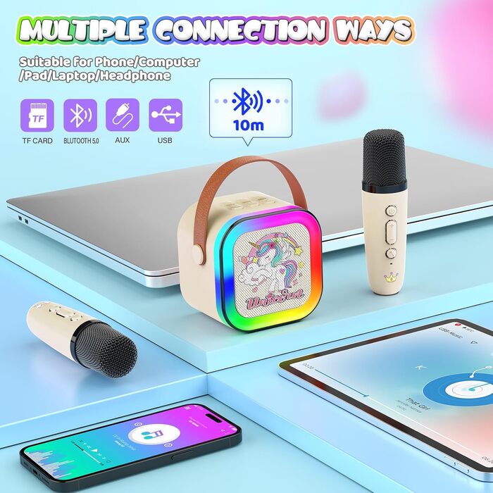 Караоке машина для дітей Dislocati з мікрофонами Bluetooth 3-12 років, портативна музична іграшка з LED-підсвіткою, бежевий єдиноріг