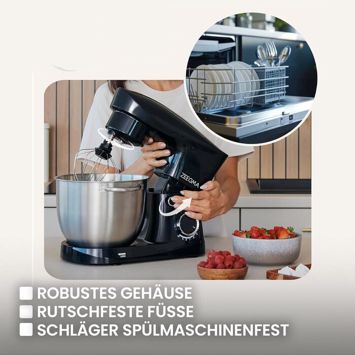Кухонний комбайн ZEEGMA PLANEET EASY 1500W, 5.2 л, 10 швидкостей, з набором насадок (міксер, гачок, вінчик), чорний