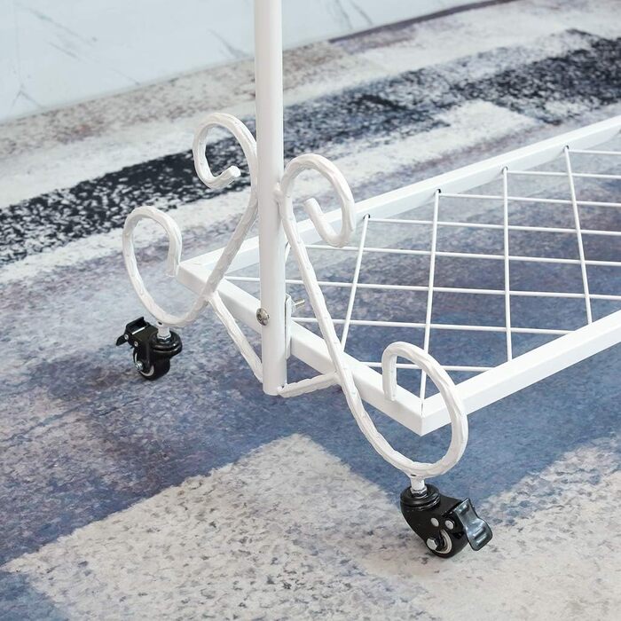 Clothes Rack, Garment Rod, Coat Rack with Shoe Storage, Width 136cm, Vintage Style Metal, Height Adjustable from 126 to 200 cm (White with Wheels)