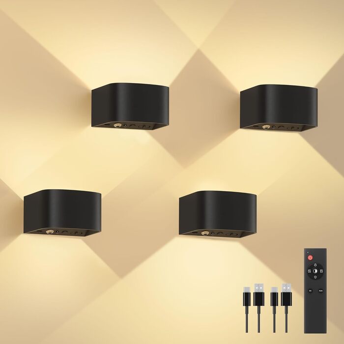 Настінні світильники FULEN з датчиком руху, 4 шт. – LED, 3 кольори, дистанційне керування, регулювання яскравості, чорний