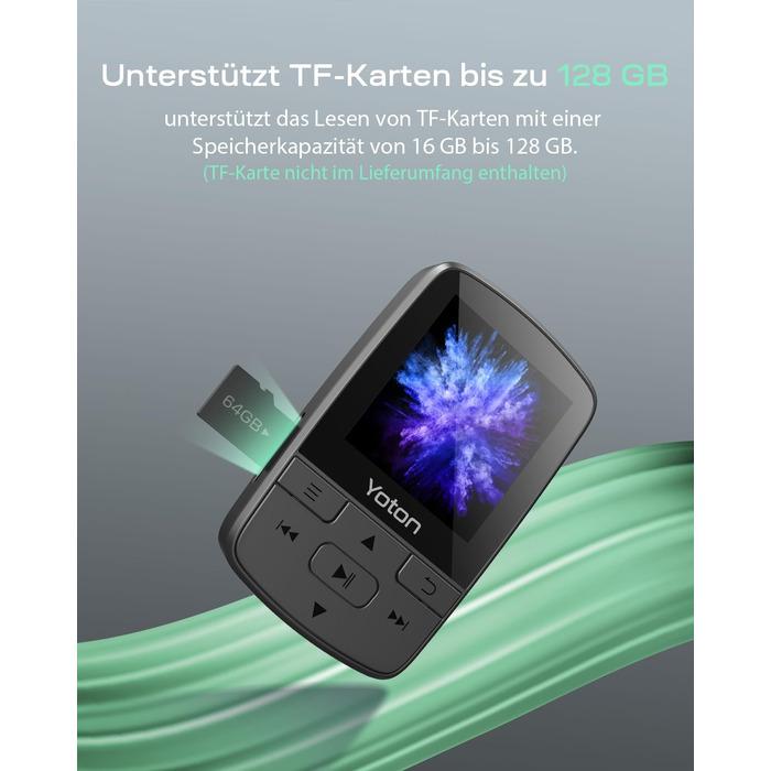 MP3-плеєр YOTON з Bluetooth 5.2, Hi-Fi звук, FM-радіо, диктофон, регулятор гучності, навушники, підтримка SD до 128 ГБ (Чорний)