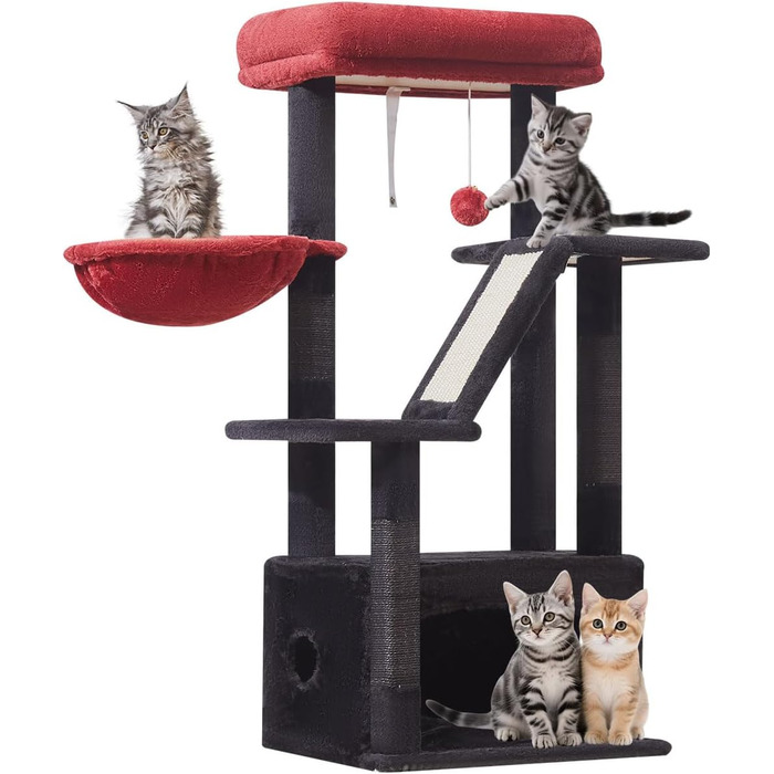 Драбина для котів Taoqimiao Klein, 98 см, з будиночком, корзиною, 4 стовпчиками для шліфування та іграшками, MS029SW (Чорний + Червоний)