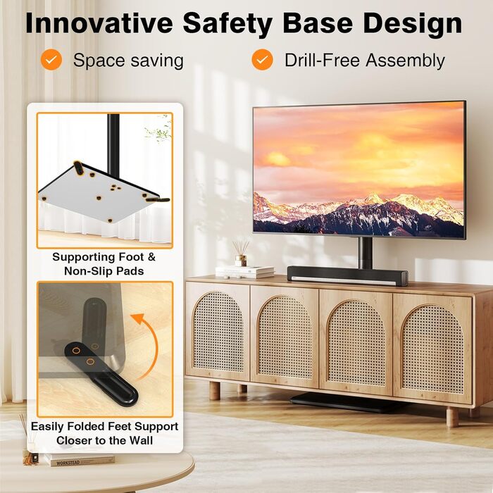 Підставка для телевізора TVON на підлозі з кріпленням для більшості телевізорів 81,3 - 152,4 см (32-60 дюймів) до 40 кг, регульована по висоті, з дерев'яною основою, для економії місця, підлогова підставка для телевізора (Чорний, Дерев'яна основа)