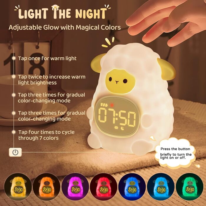Alarm clock with night light for children, featuring sleep training and sound machine functions, rechargeable silicone wake-up lamp, cute animal table lamp, perfect sleep companion for boys and girls.