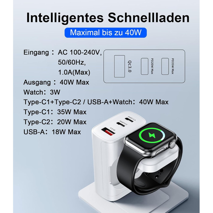 Зарядний пристрій 4-в-1 для Apple Watch та iPhone: 40W USB-C, швидка зарядка PD, сумісний з Apple Watch 10/9/8/7/6/Ultra/SE, iPhone 17/16/15 Pro Max, iPad, AirPods (Білий)