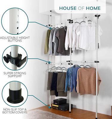Robust, triple-extendable clothes rail from House of Home – Replacement for clothes rail in wardrobe – Adjustable shelf frame – Clothes storage (double bed)