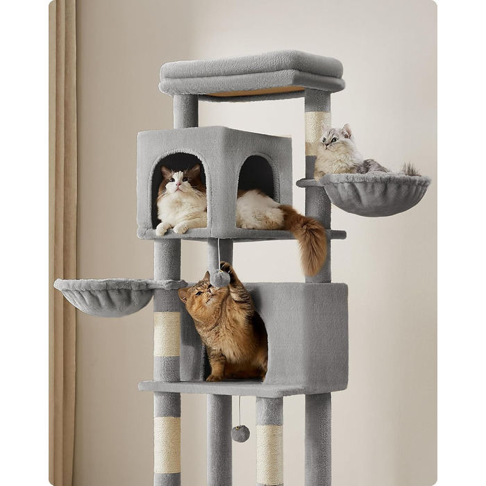 Дім для кота Feandrea, 175 см, XL, багатоярусний з 2 будиночками, 2 лежаками, 5 стовпчиками для шліфування, щіткою для котів, великою платформою, сірий (PCT182G01 XL)