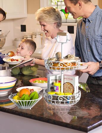 Двоярусний фрутовий кошик Couwilson з підвісною конструкцією для бананів, дерев'яною ручкою та відсіком для овочів. Підходить для зберігання фруктів, овочів, хліба, цибулі та картоплі.