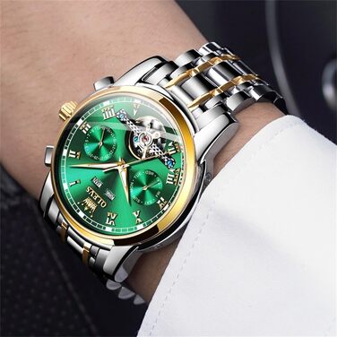 Чоловічий годинник OLEVS 6607 Кварцовий зі спортивним дизайном (диск колеса), водонепроникний, сталь, підсвітка, Зелений/Золотий