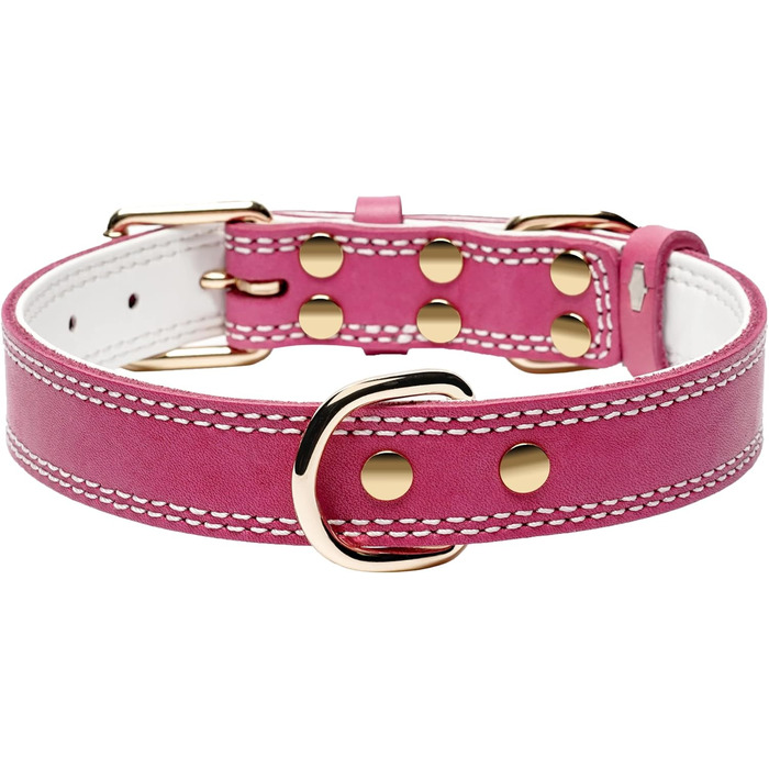 Нашийник для собак з натуральної шкіри, широкий, зелений/рожевий, M/XL