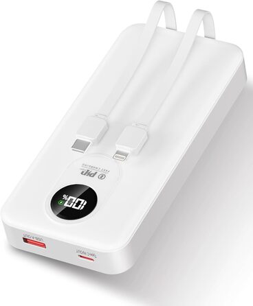 Power Bank 30000mAh з вбудованим кабелем: Швидка зарядка PD 22.5W, зовнішній акумулятор з великою ємністю, 4 виходи та 2 входи