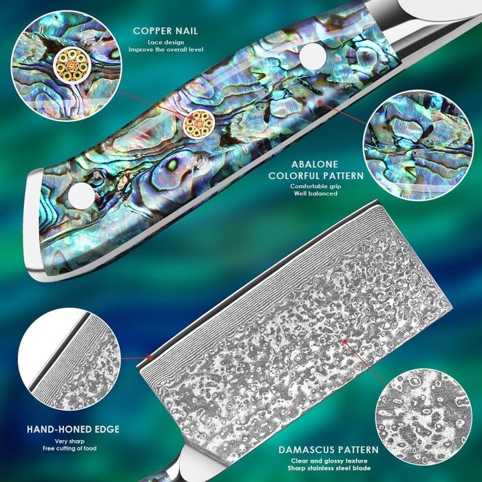 Ніж кухарський Дамаск з лезом 17.8 см, VG-10 сталь, ручка з мушлі Абалоне, подарункова коробка