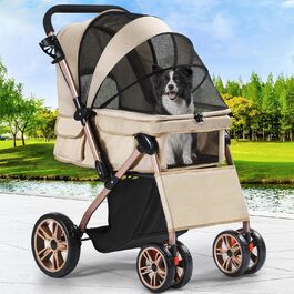YITAHOME Buggy для собак та котів, складний, до 22 кг, з обертовим ручками, сітковими вікнами, тримачем для напоїв, EVA-колеса з гальмом (Бежевий)