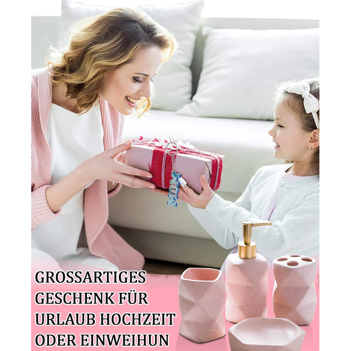 Набір для ванної кімнати 4 предмети, кераміка, рожевий: дозатор для мила, мильничка, стакан для зубних щіток, підставка для зубних щіток - декор для ванної