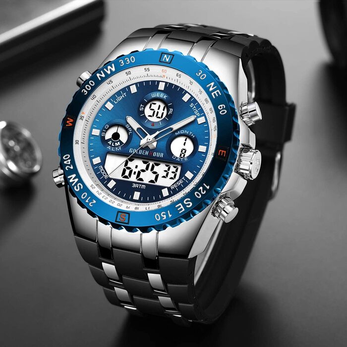 Чоловічий військовий спортивний годинник: цифрові, аналогові, з датою, будильником, світосвітністю, секундоміром. Великий годинник для чоловіків (Blue B)