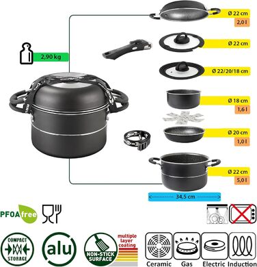 Набір посуду для кемпінгу BRUNNER Alu (каструлі та сковорідки) - 7+1, Vakublock, для 4 осіб, з антипригарним покриттям, легкий, високоякісний, складаний, діаметр 22 см