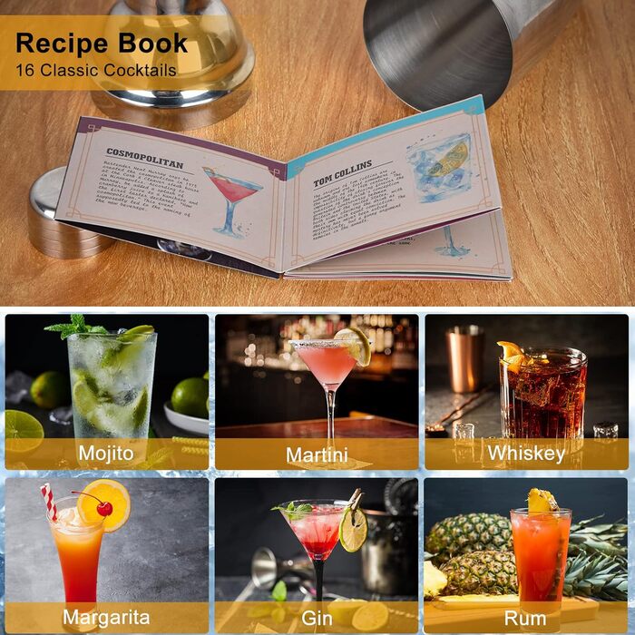 Набір бармена Vabaso 20 предметів з підставкою, 750 мл, з нержавіючої сталі, з рецептами коктейлів, для дому, професійний, подарунок