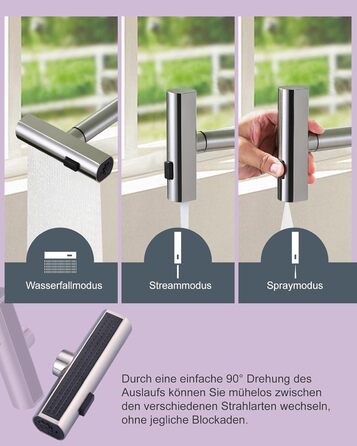 Кухонний змішувач iVIGA висувний з дозатором, водоспад, 360° поворот, 3 режими, щіткова нікель, T-подібний