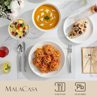 MALACASA LEILA Набір посуду на 6 осіб, 24 елементи: тарілки, миски, порцеляна, ручна робота, для мікрохвильовки та посудомийної машини, білий