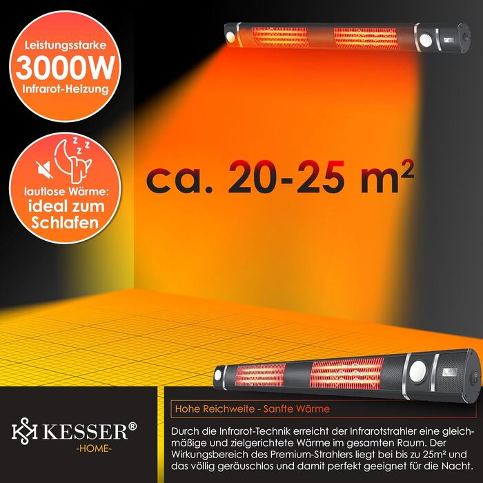 Інфрачервовий обігрівач KESSER® 3000W з LED-підсвічуванням та Wi-Fi, для тераси, кафе, ресторану. Настінний кварцовий обігрівач, антрацит