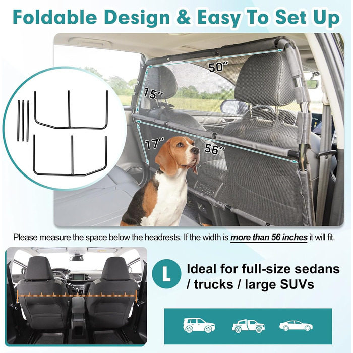 Бар'єр для собак у автомобілі, 142 см, для 2, 3 ряду сидінь та багажника, міцна сіткова перегородка для позашляховиків та вантажівок