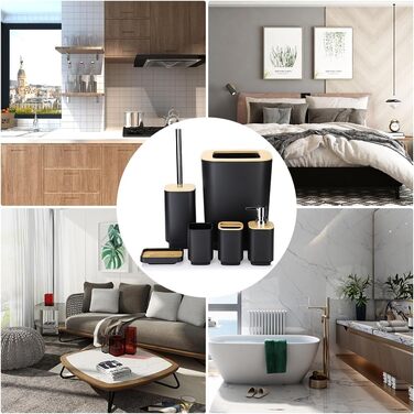 Набір аксесуарів для ванної кімнати JOTOM з бамбука, 6 шт. Сучасний дизайн: дозатор для мила, тримач для зубних щіток, стакан, мильниця, тримач для туалетного йоржика, сміттєве відро. Сірий колір