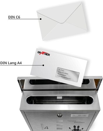 Поштовий ящик Grafner з нержавіючої сталі, персоналізований з газетницею та 2 ключами. Гравіювання імені, вулиці та номера будинку. Комплект для монтажу (Сім'я 4)